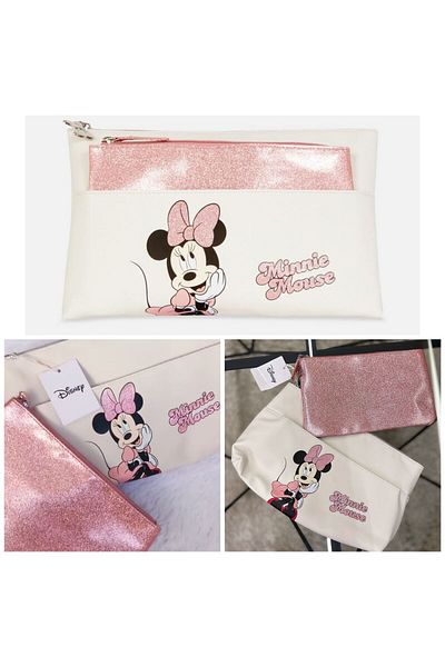 QUEEN AKSESUAR Original Disney Minnie Mouse Glitter Pink Shiny Accessory 2-Piece Makeup Cosmetic Handbag Set
