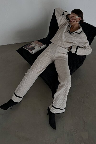 bayansepeti Високий комір-поло Oversize трикотажний комплект - Крем Крем0282