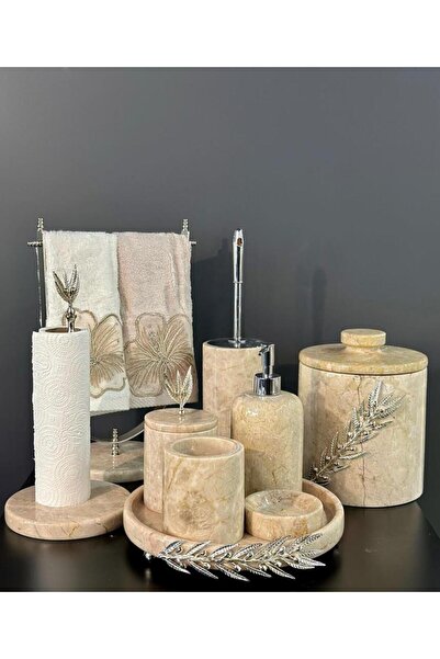 st sarıtaş MERMER GOLD ZEYTİN DALI AKSESUAR DETAYLI 9 LU MERMER BANYO SETİ