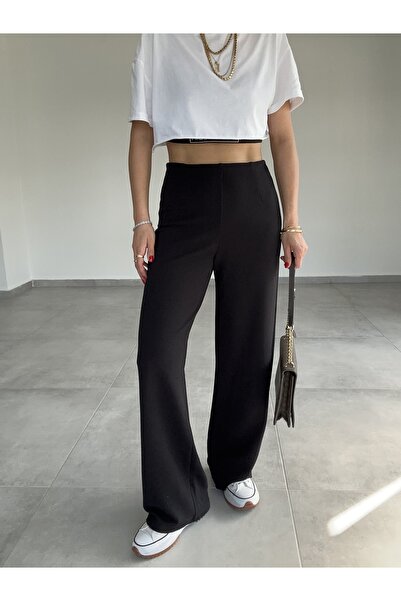 Generic Brand Crepe Beltless Black Palazzo Trousers