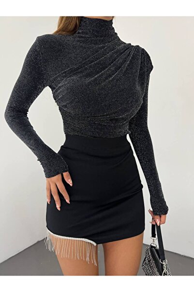 Genel Markalar Kadın Simli Gri Dük Yaka Büzgü Detaylı Likralı Bluz