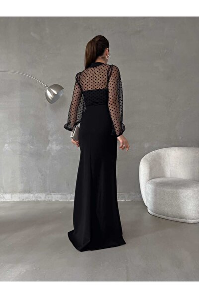 ModaLy Moda ESNEK KREP KUMAŞ SİYAH RENK TÜL DETAYLI YIRTMAÇLI UZUN KOLLU ABİYE ELBİSE GL-738 582767