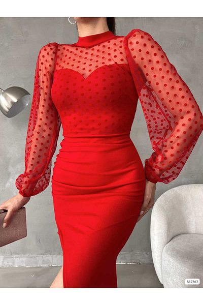 ModaLy Moda FLEXIBLE CREPE FABRIC RED COLOR TULLE DETAILED SPRINGS LONG SLEEVE EVENING DRESS GL-738 582767