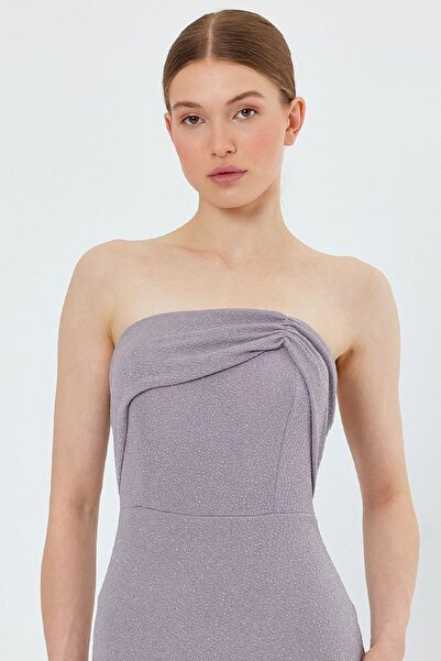 lovebox Esnek Işıltılı Kumaş Kaydırmaz Şeritli Dolgulu Balık Kesim Straplez Maxi Gri Abiye Elbise 9310