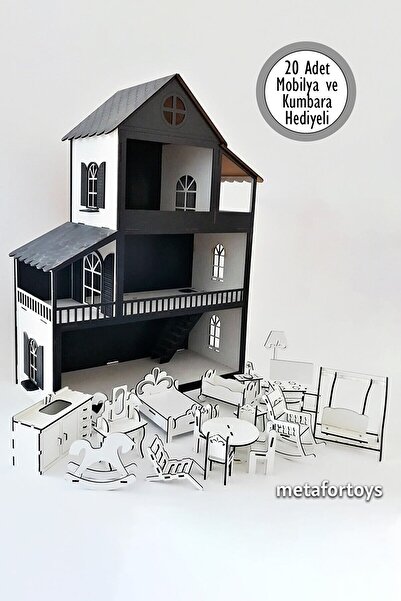 metafortoys 80 Cm Isimli Işıklı Ahşap Oyun Evi Siyah