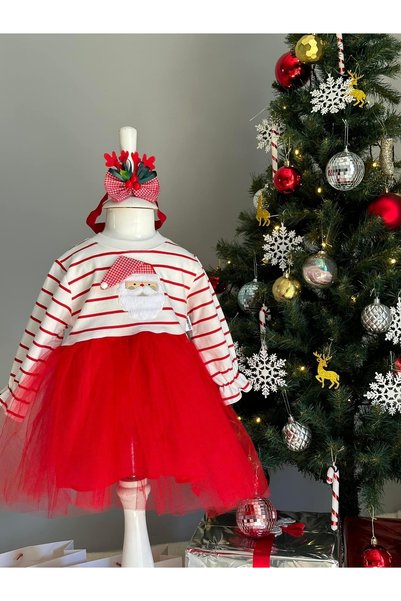 Soft and Baby Kız Çocuk Yeni Yıl Noel Baba Tüllü Yılbaşı Elbise Taç Hediyeli