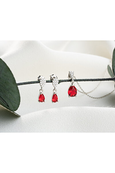 byess 925 Ayar Gümüş Ruby Taşlı Kolye Küpe Set