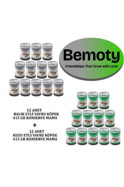 BEMOTY 12 ADET BALIK ETLİ 12 ADET KUZU ETLİ YAVRU KÖPEK(PUPPY) KONSERVE MAMA ...