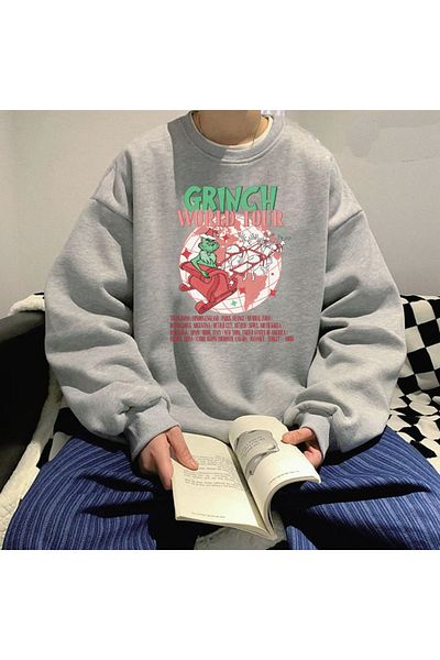 Gofeel Pofidi Grinch World Tour Unisex Gray Oversize Crew Neck Sweatshirt