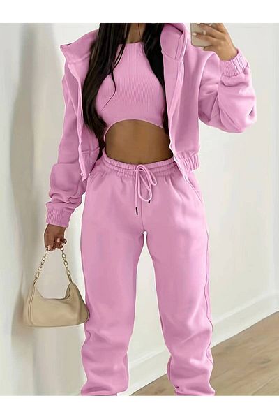 Keywest Women's Solid Color Unprinted Oversize 3 Thread Cardigan Tracksuit Set
