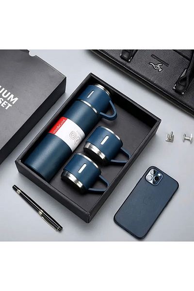 enfa ithalat Stainless Steel Coffee Thermos Set, Insulated 500ml Vacuum Flask with 3 Cups for Hot and Cold Drinks