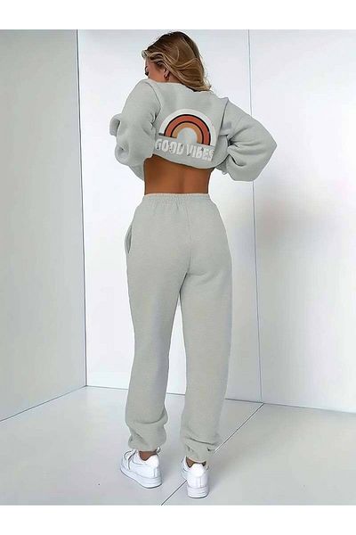 Keywest Women's Plus Size Good Vibes Printed Oversize 3 Thread Tracksuit Set