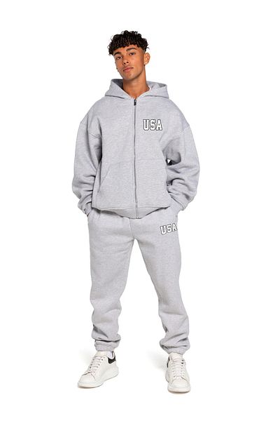 aynewmoda Men's USA Printed Hooded Zippered Sweatshirt Top and Bottom Set