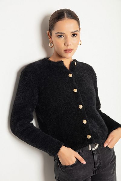 Lafaba Women's Black Bearded Gold Buttoned Knitwear Cardigan