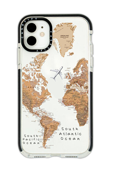 mooodcase Iphone 12 Casetify Dünya Harita Desenli Anti Shock Premium Silikonlu Siyah Kenar Detaylı Telefon Kıl