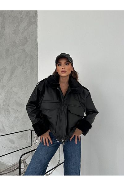 VOLT CLOTHİNG Damen Ledermantel mit Kragen und Fell innen, Doppeltaschen