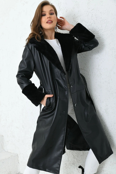 VOLT CLOTHİNG Kolları ve Yakası Kürklü Astarlı Deri Trençkot