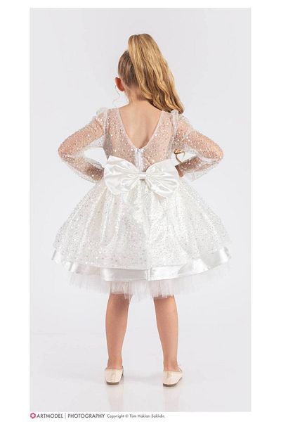 Sare Çocuk Giyim Παιδικό βραδινό φόρεμα σε κρεμ χρώμα Princess Model Sequin Stone Embroidery