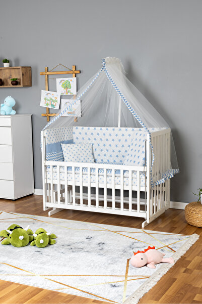 Bamgidoo Ahşap Beşik Anne Yanı Beşik Beyaz 60x120 - Mavi Yıldız 1 Yastıklı Uy...