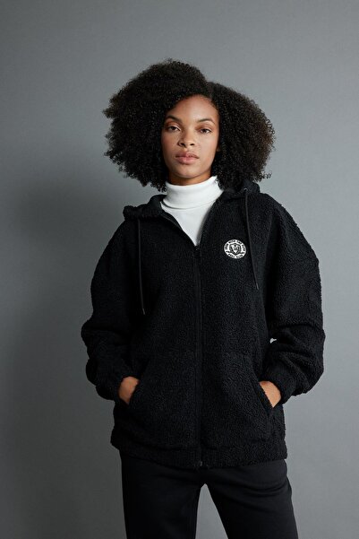 DeFacto Y2648 Cardigan de pluș cu glugă, cu formă supradimensionată