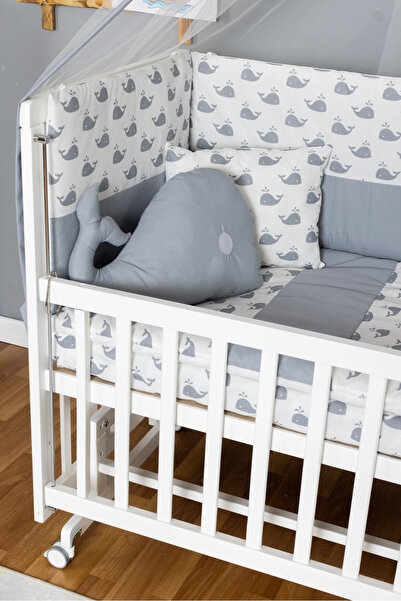 Bamgidoo Ahşap Beşik Anne Yanı Beşik Beyaz 60x120 - Gri Balina Uyku Seti + Yataklı + Tekerlekli