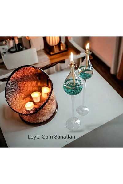 LEYLA CAM SANATLARI CAM ÜFLEME KANDİL 2 Lİ DÜZ AYAK MODEL (turkuaz) 24-27 cm