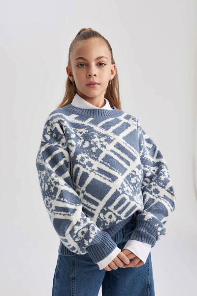 DeFacto Girl's Crew Neck Patterned Knitwear Sweater B3482A823Wn