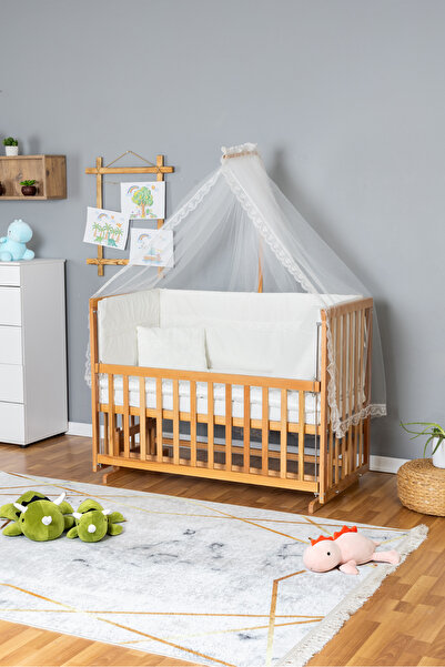 Bamgidoo Ahşap Beşik Anne Yanı Beşik Vernikli 60x120 - Krem Güpür Uyku Seti +...