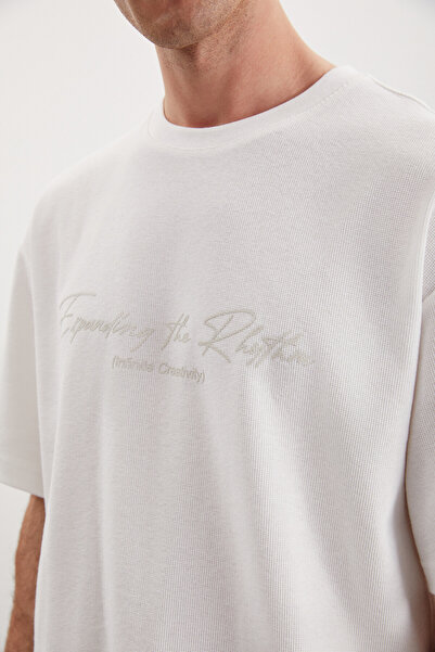 GRIMELANGE Brandley Men's Regular Fit Waffle Thick Fabric Printed Ecru T-shirt