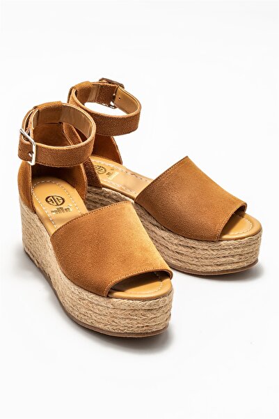 Elle Shoes Taba Deri Kadın Dolgu Topuklu Sandalet