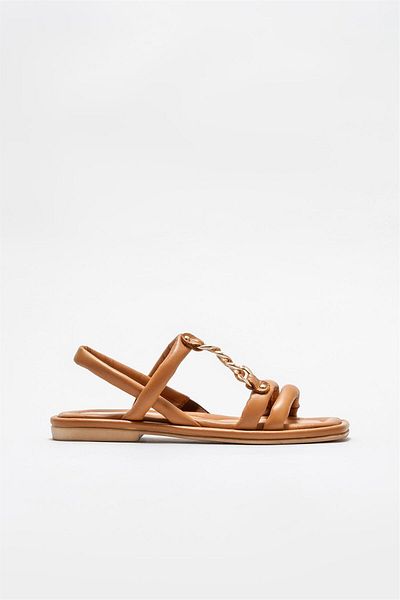 Elle Shoes Tan Leather Women's Flat Sandals