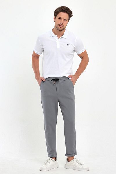 COMBİNE MİCHAİL Men's Dark Gray Double Leg Standard Cut Waist Tied Side Pocket Jogger Pants