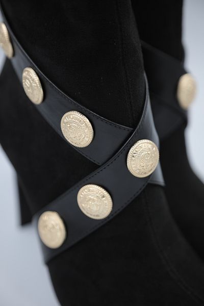 DUYGUSHOESBAG Women's Black Gold Buckle Imported Suede BootsWomen's suede gold buckle imported boots