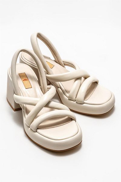 Elle Shoes Ecru Leather Women's Heeled Sandals
