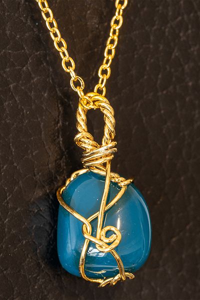 Tesbih Atölyesi Certified Gold Wire Wrapped Blue Agate Stone Necklace