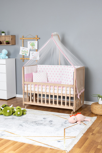 Bamgidoo Ahşap Beşik Anne Yanı Beşik Organik 60x120 - Pembe Yıldız 1 Yastıklı...