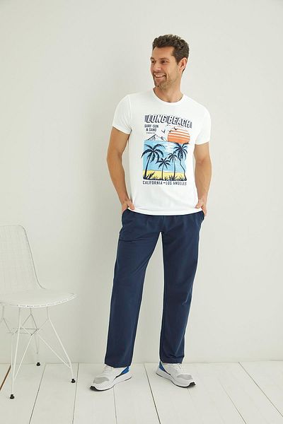 MONAMİSE Gleymor Ανδρικά Σετ Πυτζάμες με γράμματα, Sun And Palm Printed "long Beach" 22094