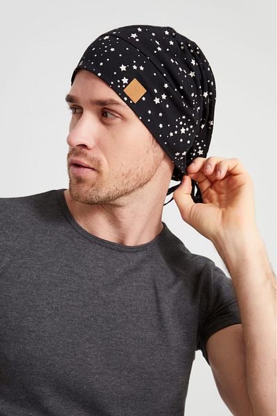 Butikgiz Men's Black and White Star Patterned Rope Detailed 4 Season Hat Beanie Buff Ultra Soft Natural Combed Cotton Fabric