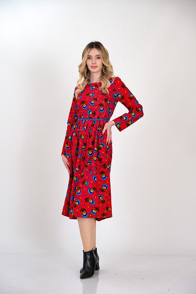 İna Rochie roșie de iarnă florală de lungime midi din flanel Divitin cu fermoar la spate
