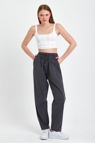 COMBİNE MİCHAİL Smoked High Waist Elastic Waist Linen Trousers