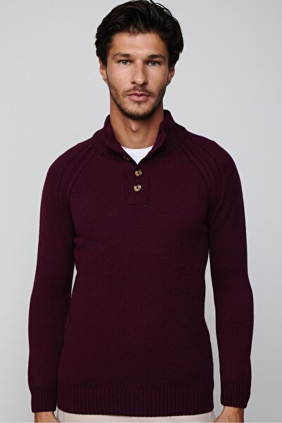 Tudors Erkek Slim Fit Dar Kesim Dik Yaka Düğmeli Bordo Triko Triko Kazak