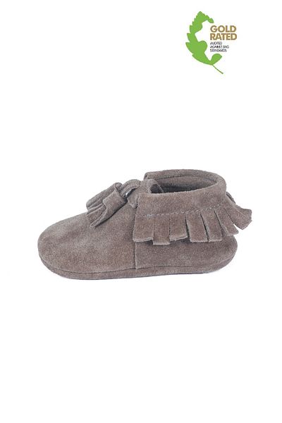 YoYo Junior Genuine Leather Mink Suede Baby Booties with Pompon Detail