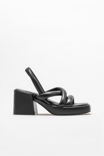 Elle Shoes Siyah Deri Kadın Topuklu Sandalet