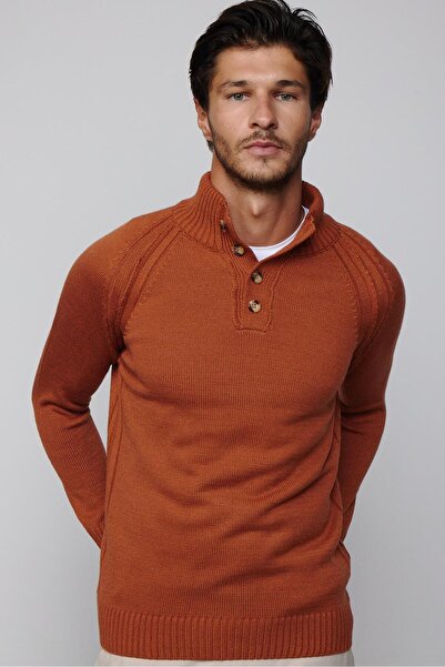 Tudors Men's Slim Fit Slim Fit Stand Collar Buttoned Cinnamon Knitwear Sweater