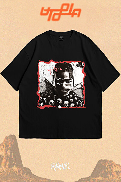 Grove Fashion تي شيرت ترافيس سكوت يوتوبيا هيكل عظمي مطبوع للجنسين مقاس كبير