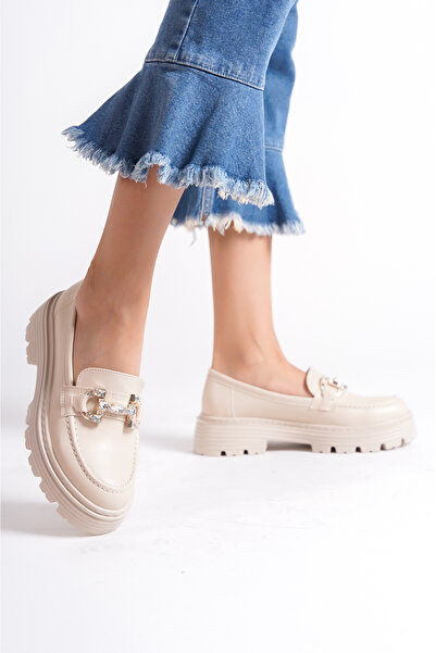 Artgoo kadın bej cilt taşlı loafer kolej ayakkabısı