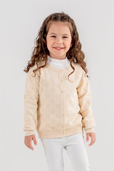 Minora كارديجان بناتي محبوك أنيق للغاية على شكل قلب مخرم باللون البيج