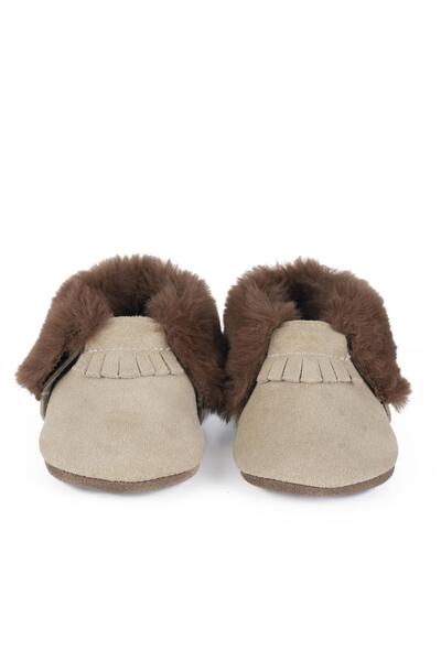 YoYo Junior Genuine Leather Cream Suede Outer Fur Detailed Baby Booties
