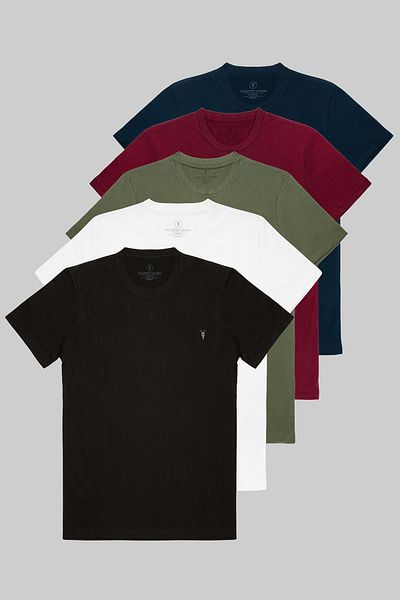 COMBİNE MİCHAİL Men's Black White Khaki Claret Red Navy Blue 100% Cotton Crew Neck Pack of 5 T-shirts