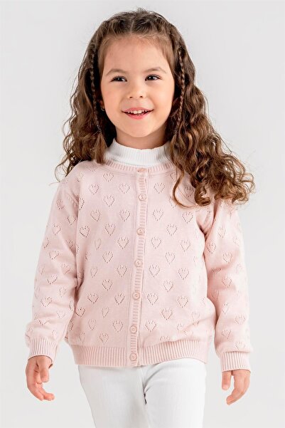 Minora Kız Çocuk Çok Şık Triko Kalp Ajur Hırka Pudra